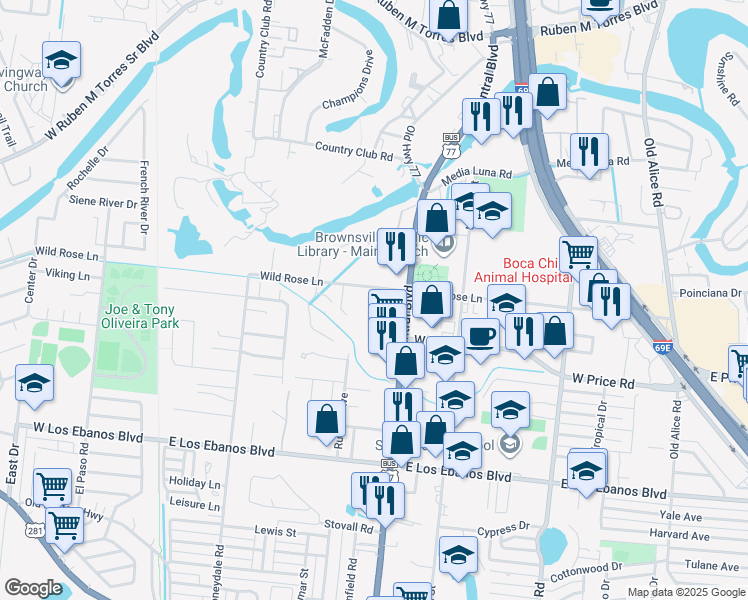 map of restaurants, bars, coffee shops, grocery stores, and more near Wildrose Lane in Brownsville