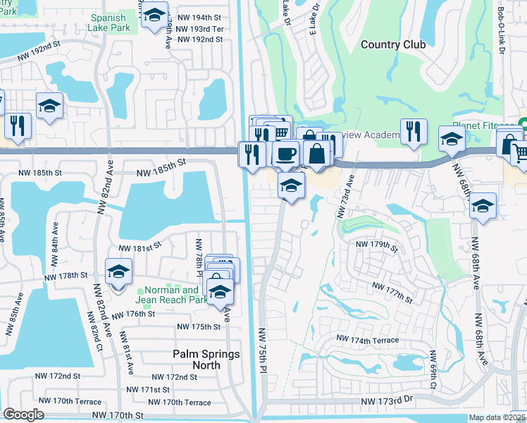 map of restaurants, bars, coffee shops, grocery stores, and more near 7643 Northwest 182nd Lane in Hialeah