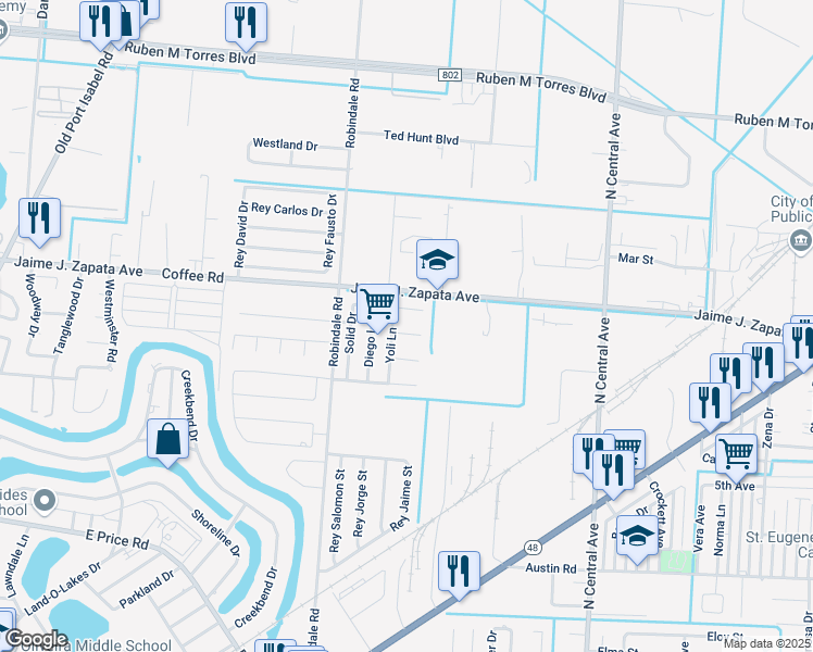 map of restaurants, bars, coffee shops, grocery stores, and more near 4019 Dalita Court in Brownsville