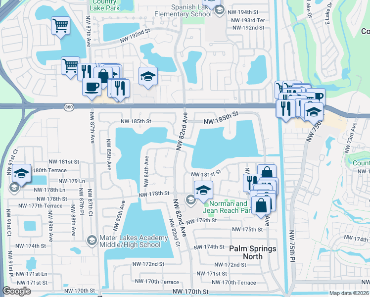 map of restaurants, bars, coffee shops, grocery stores, and more near 8170 Northwest 183rd Street in Hialeah