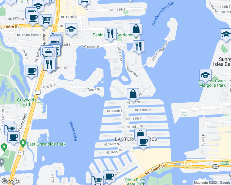 map of restaurants, bars, coffee shops, grocery stores, and more near 1000 East Island Boulevard in Aventura