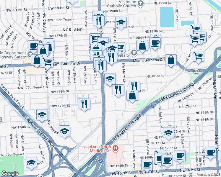 map of restaurants, bars, coffee shops, grocery stores, and more near 17900 N Miami Ave in Miami