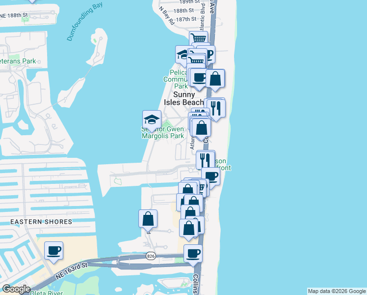 map of restaurants, bars, coffee shops, grocery stores, and more near 17775 North Bay Road in Sunny Isles Beach