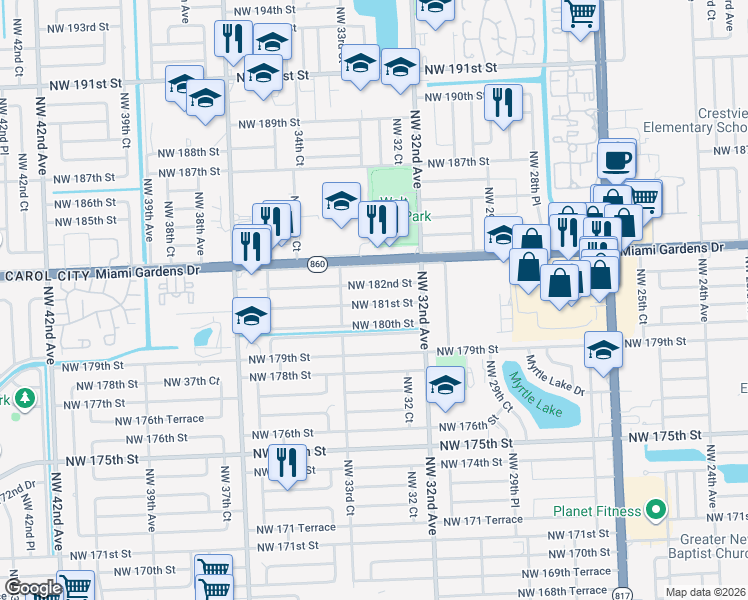 map of restaurants, bars, coffee shops, grocery stores, and more near 3322 Northwest 182nd Street in Miami Gardens
