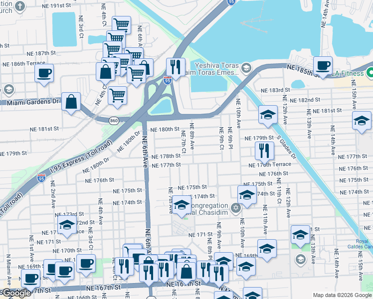 map of restaurants, bars, coffee shops, grocery stores, and more near 745 Northeast 178th Terrace in Miami