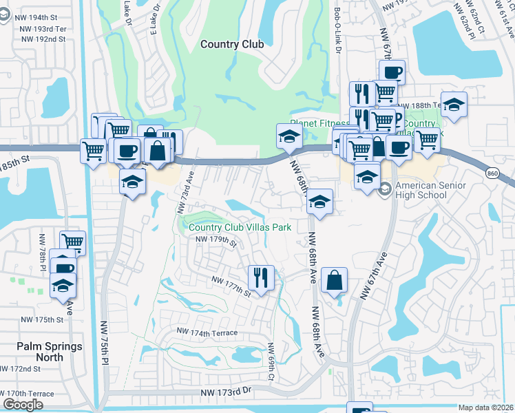 map of restaurants, bars, coffee shops, grocery stores, and more near 6970 Northwest 186th Street in Hialeah