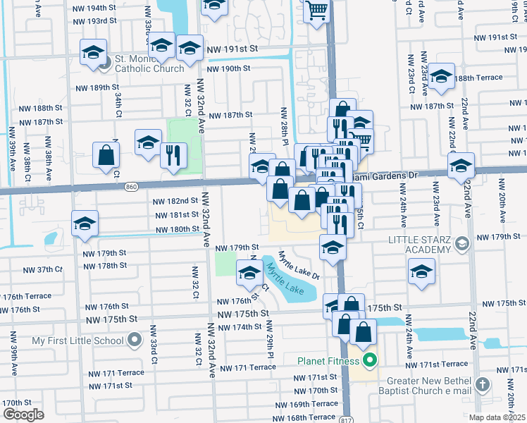 map of restaurants, bars, coffee shops, grocery stores, and more near 2800 NorthWest 182nd Street in Miami Gardens