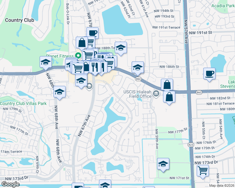 map of restaurants, bars, coffee shops, grocery stores, and more near 18136 Northwest 61st Place in Hialeah
