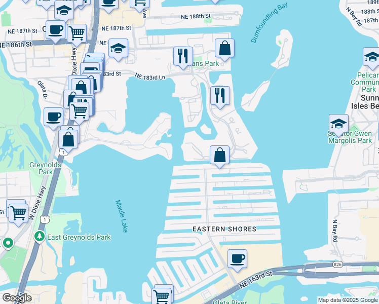map of restaurants, bars, coffee shops, grocery stores, and more near 1000 East Island Boulevard in Aventura