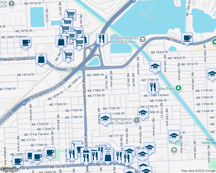 map of restaurants, bars, coffee shops, grocery stores, and more near 745 Northeast 178th Terrace in Miami