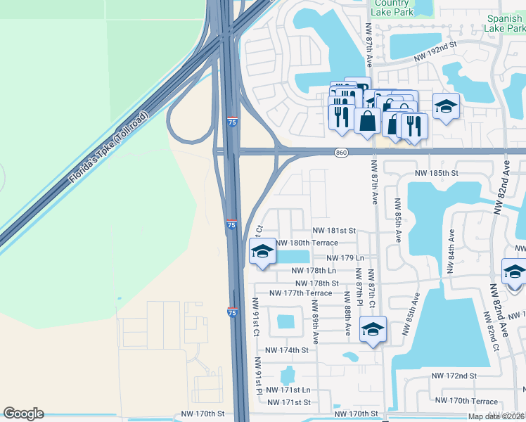map of restaurants, bars, coffee shops, grocery stores, and more near 9137 Northwest 182nd Terrace in Hialeah