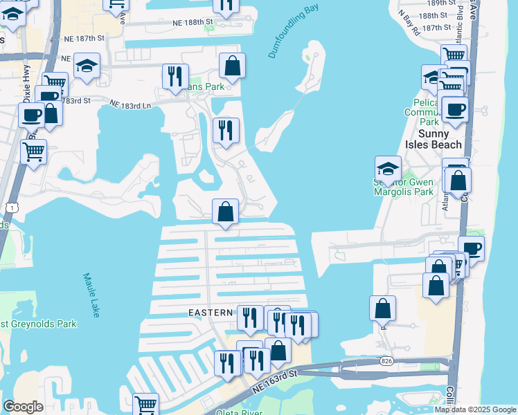 map of restaurants, bars, coffee shops, grocery stores, and more near 2800 Island Boulevard in Aventura