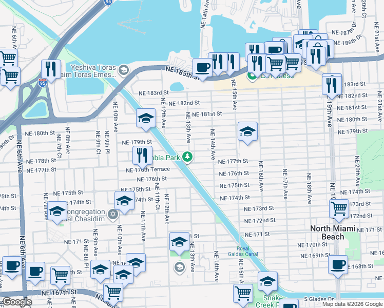 map of restaurants, bars, coffee shops, grocery stores, and more near 1279 Northeast 178th Street in North Miami Beach