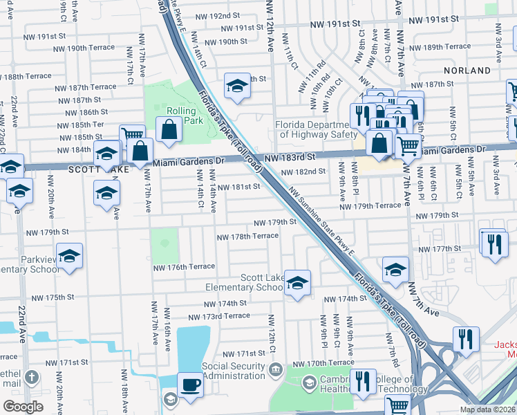 map of restaurants, bars, coffee shops, grocery stores, and more near 1280 Northwest 180th Terrace in Miami