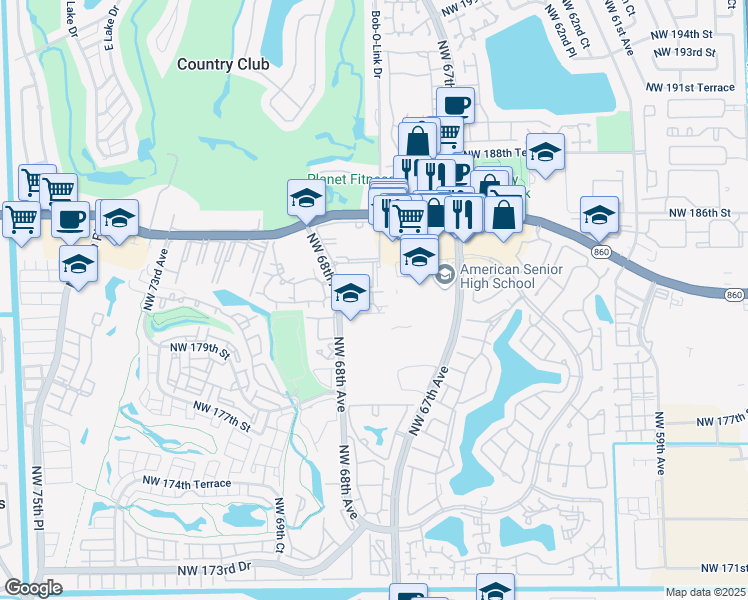 map of restaurants, bars, coffee shops, grocery stores, and more near 6765 Northwest 182nd Street in Hialeah