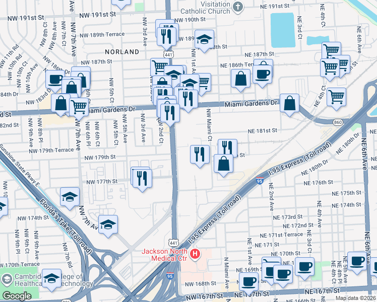map of restaurants, bars, coffee shops, grocery stores, and more near 17900 N Miami Ave in Miami