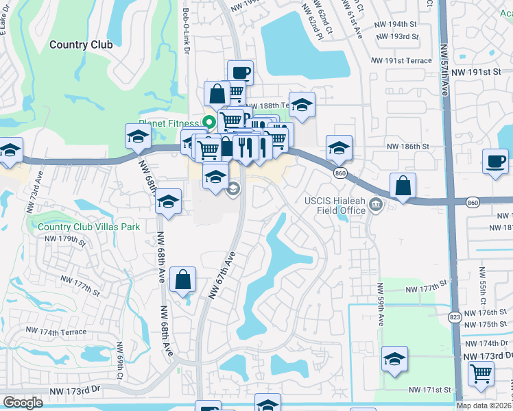 map of restaurants, bars, coffee shops, grocery stores, and more near 18266 Mediterranean Boulevard in Hialeah