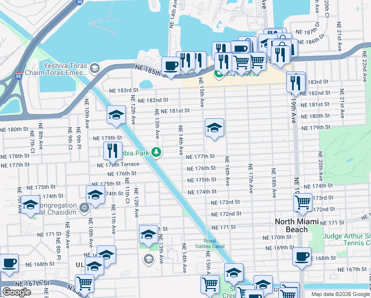 map of restaurants, bars, coffee shops, grocery stores, and more near 1423 Northeast 178th Street in North Miami Beach
