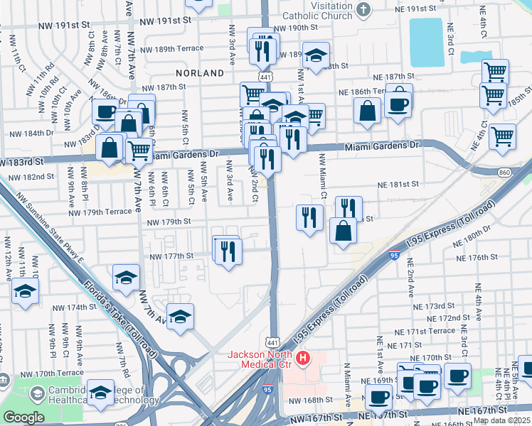 map of restaurants, bars, coffee shops, grocery stores, and more near in Miami Gardens