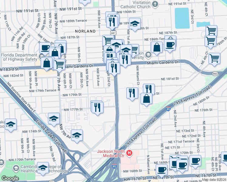 map of restaurants, bars, coffee shops, grocery stores, and more near in Miami Gardens