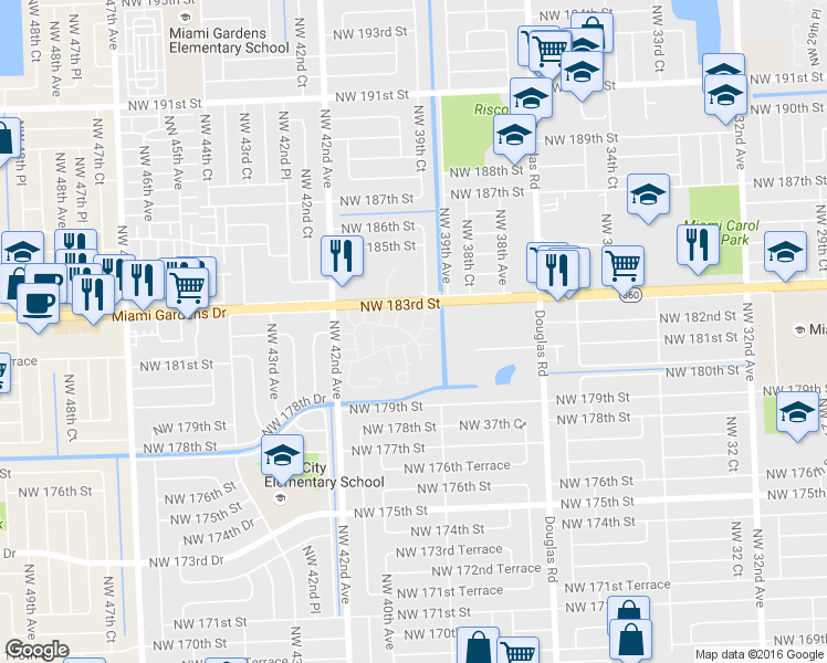 map of restaurants, bars, coffee shops, grocery stores, and more near 3969 Northwest 181st Lane in Miami Gardens
