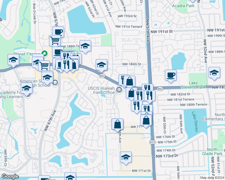 map of restaurants, bars, coffee shops, grocery stores, and more near 6001 Northwest 182nd Lane in Hialeah