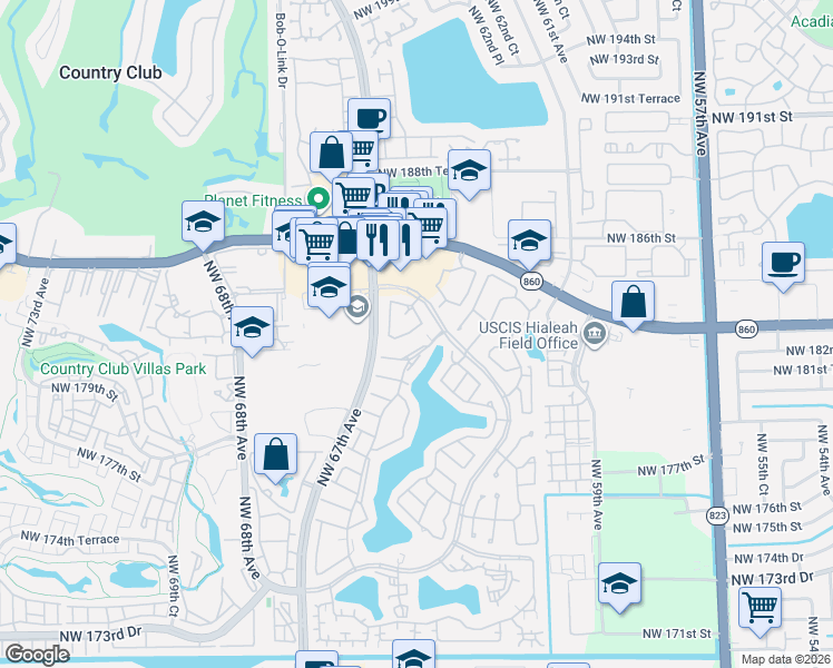 map of restaurants, bars, coffee shops, grocery stores, and more near 18266 Mediterranean Boulevard in Hialeah