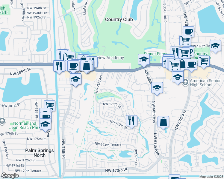 map of restaurants, bars, coffee shops, grocery stores, and more near 6980 Northwest 186th Street in Hialeah