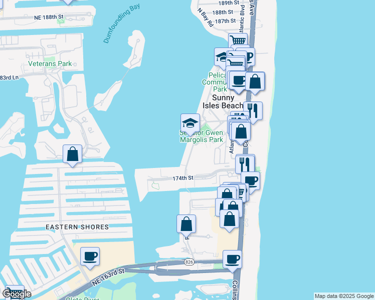 map of restaurants, bars, coffee shops, grocery stores, and more near 17600 North Bay Road in Sunny Isles Beach