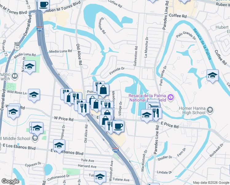 map of restaurants, bars, coffee shops, grocery stores, and more near 244 Meadow Lane in Brownsville