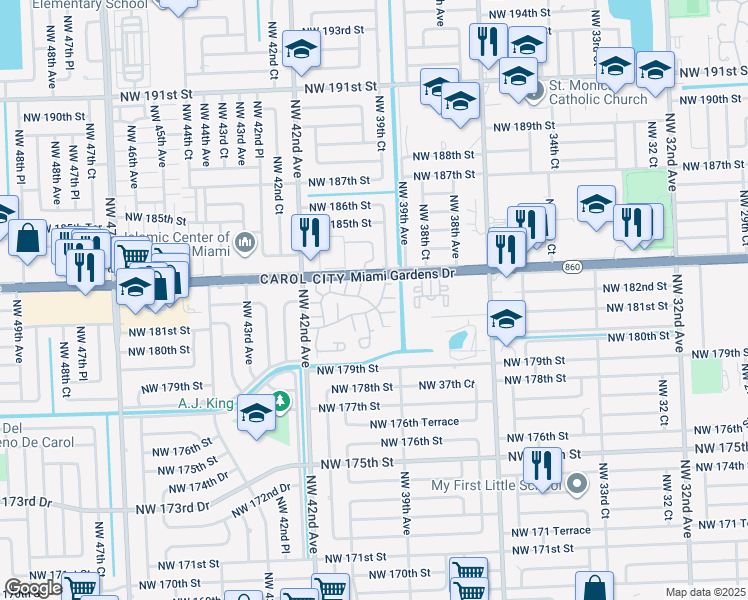 map of restaurants, bars, coffee shops, grocery stores, and more near 3963 Northwest 181st Lane in Miami Gardens