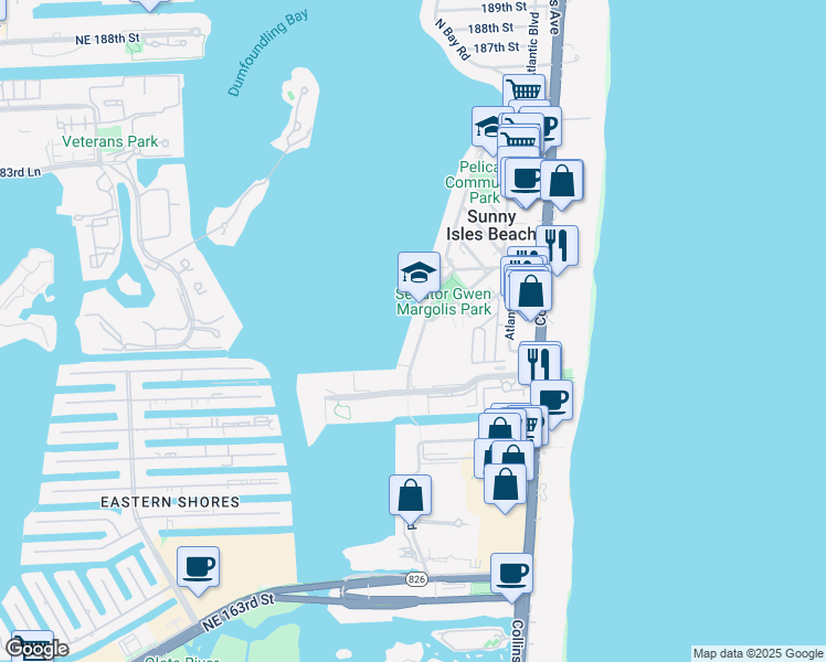map of restaurants, bars, coffee shops, grocery stores, and more near 17600 North Bay Road in Sunny Isles Beach