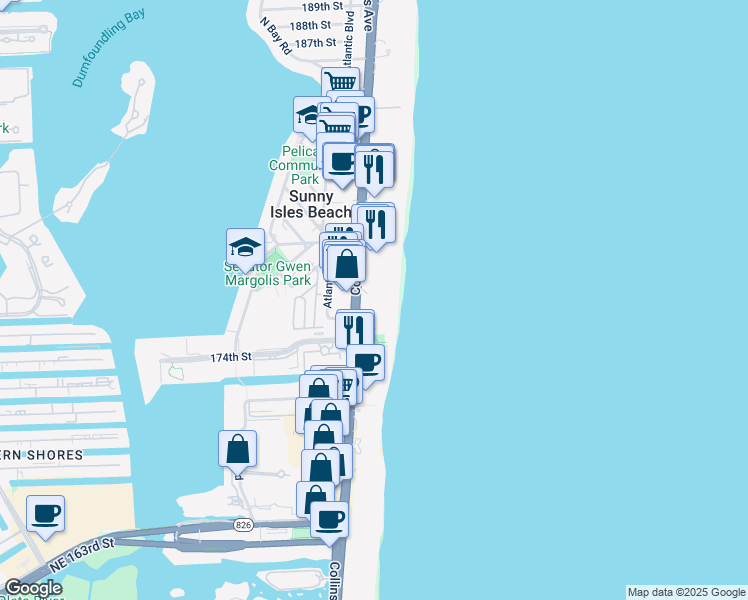 map of restaurants, bars, coffee shops, grocery stores, and more near 17555 Florida A1A in Sunny Isles Beach