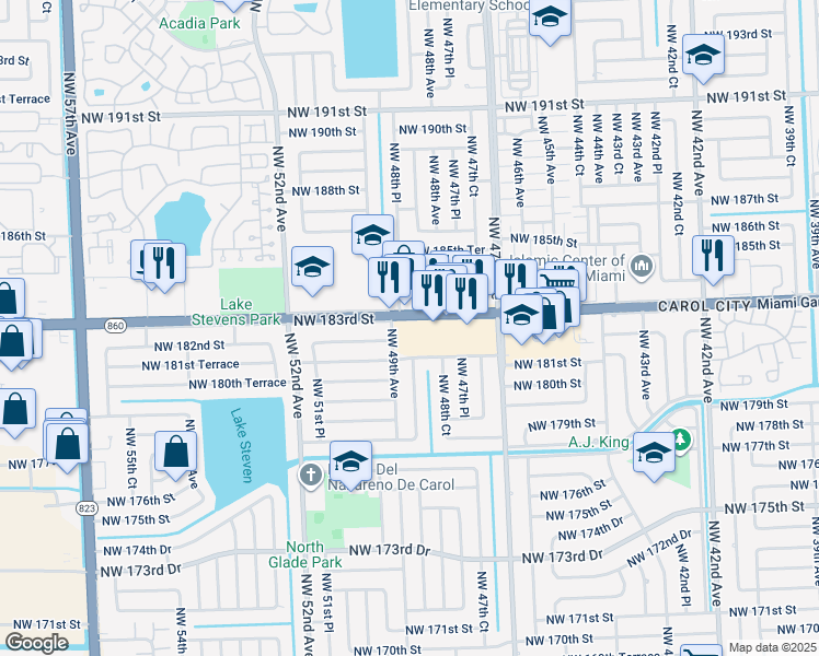 map of restaurants, bars, coffee shops, grocery stores, and more near 4859 Northwest 183rd Street in Miami Gardens