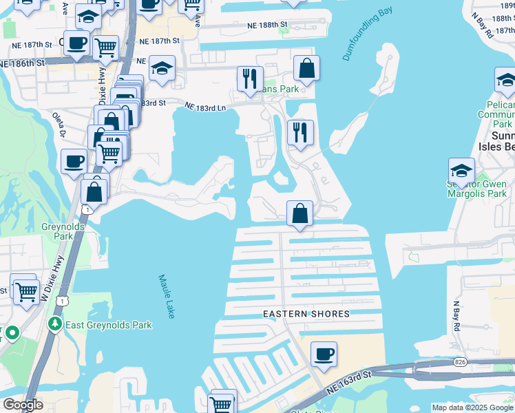 map of restaurants, bars, coffee shops, grocery stores, and more near 1000 East Island Boulevard in Aventura