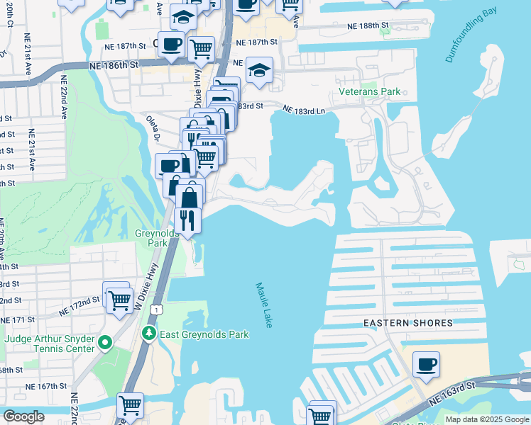 map of restaurants, bars, coffee shops, grocery stores, and more near 2903 Point East Drive in Aventura