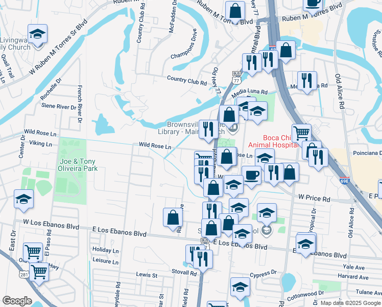 map of restaurants, bars, coffee shops, grocery stores, and more near Wildrose Lane in Brownsville