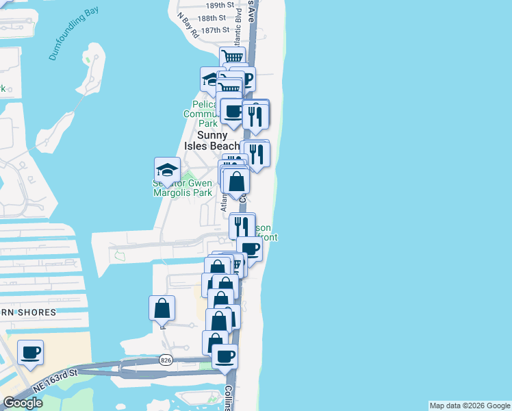 map of restaurants, bars, coffee shops, grocery stores, and more near 17555 Florida A1A in Sunny Isles Beach