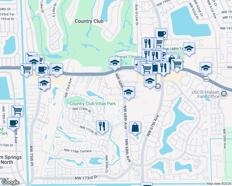 map of restaurants, bars, coffee shops, grocery stores, and more near 18306 Northwest 68th Avenue in Hialeah