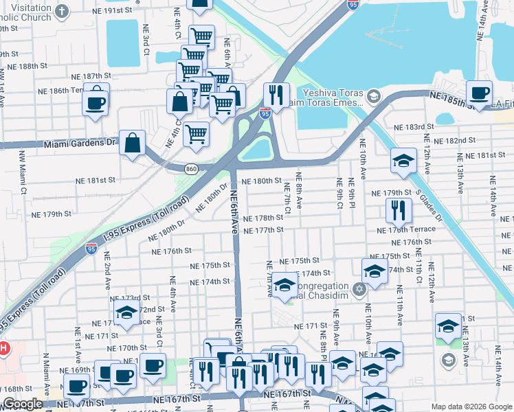 map of restaurants, bars, coffee shops, grocery stores, and more near 665 Northeast 178th Terrace in North Miami Beach