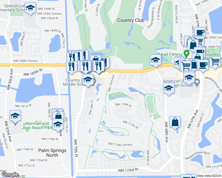 map of restaurants, bars, coffee shops, grocery stores, and more near 18179 Northwest 73rd Avenue in Hialeah