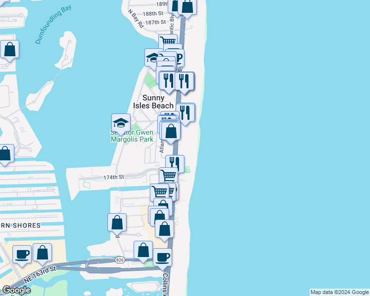 map of restaurants, bars, coffee shops, grocery stores, and more near 17555 Florida A1A in Sunny Isles Beach