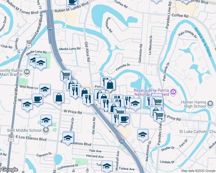 map of restaurants, bars, coffee shops, grocery stores, and more near 155 Poinciana Drive in Brownsville