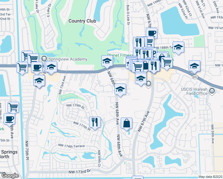 map of restaurants, bars, coffee shops, grocery stores, and more near 18306 Northwest 68th Avenue in Hialeah
