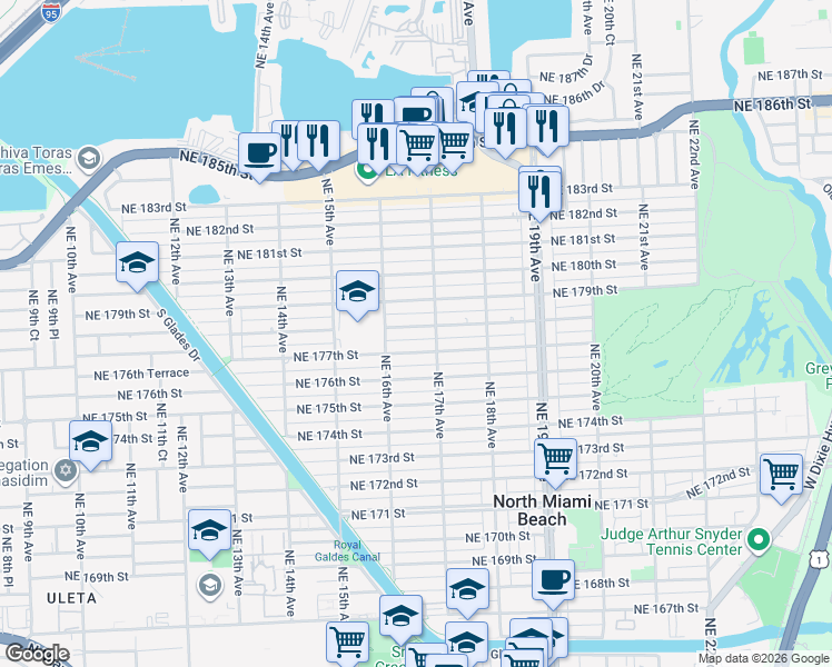 map of restaurants, bars, coffee shops, grocery stores, and more near 1660 Northeast 178th Street in North Miami Beach