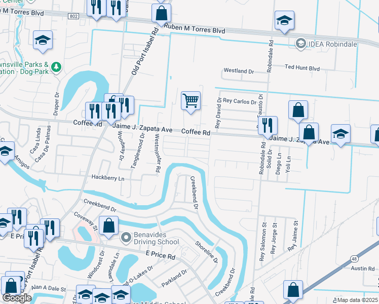 map of restaurants, bars, coffee shops, grocery stores, and more near 100 Tangerine Boulevard in Brownsville