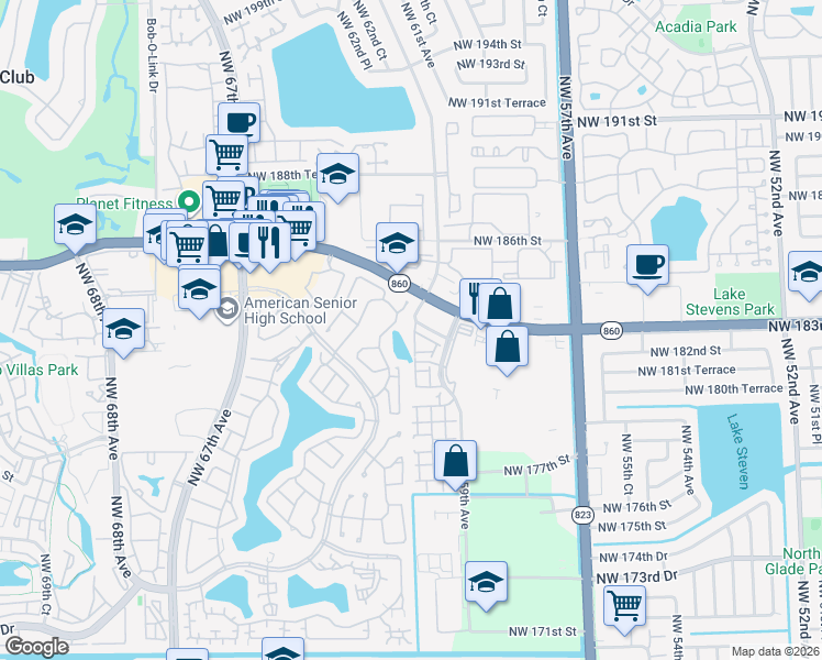 map of restaurants, bars, coffee shops, grocery stores, and more near 18304 Northwest 61st Avenue in Hialeah