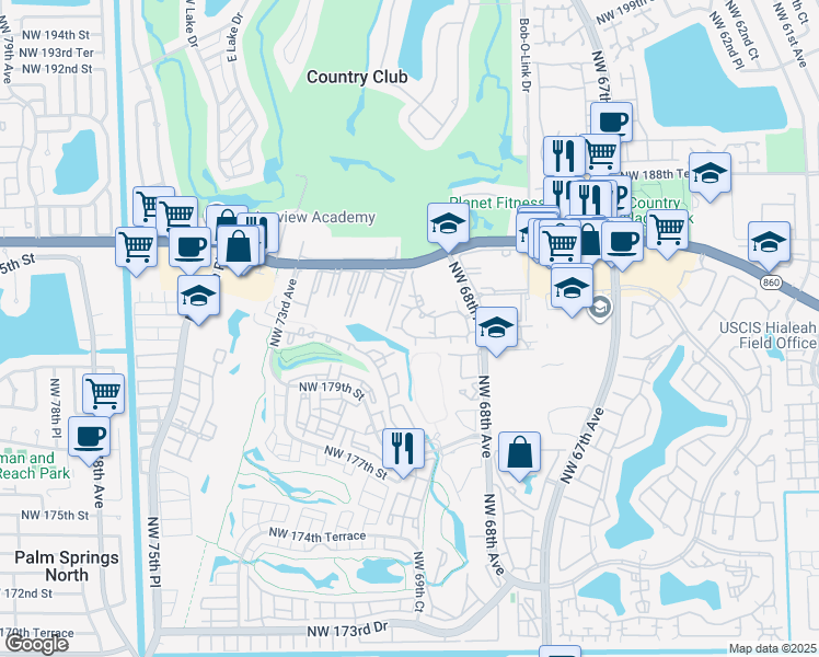 map of restaurants, bars, coffee shops, grocery stores, and more near 18330 Northwest 68th Avenue in Hialeah