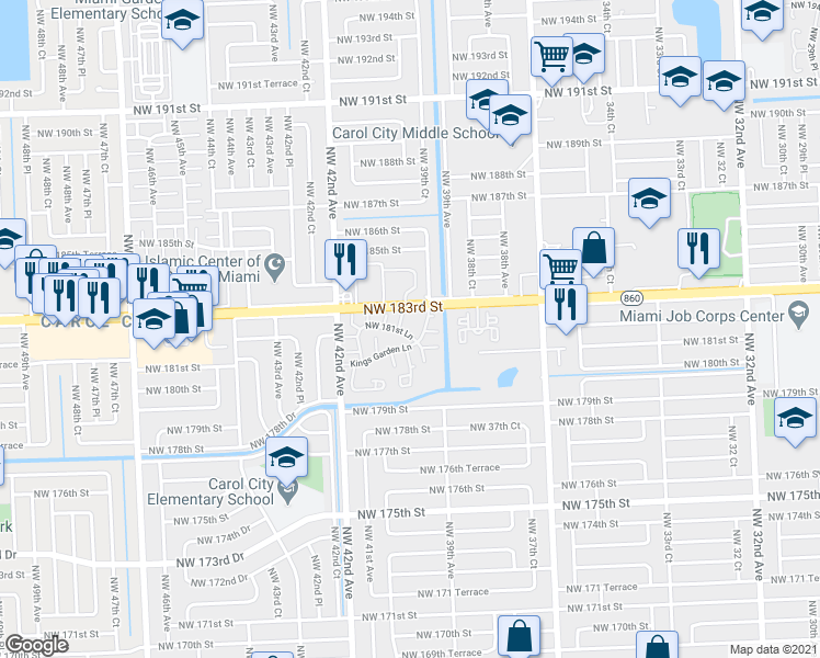map of restaurants, bars, coffee shops, grocery stores, and more near 3969 Northwest 181st Lane in Miami Gardens