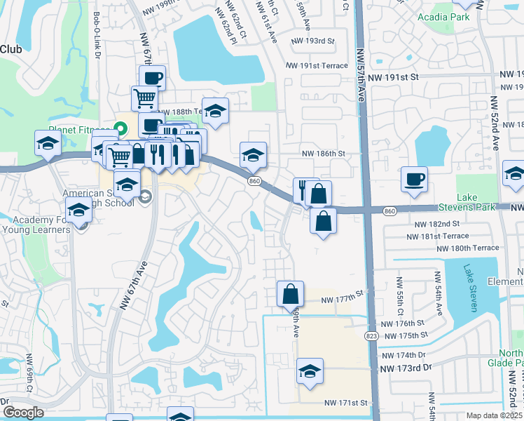 map of restaurants, bars, coffee shops, grocery stores, and more near 18304 Northwest 61st Avenue in Hialeah